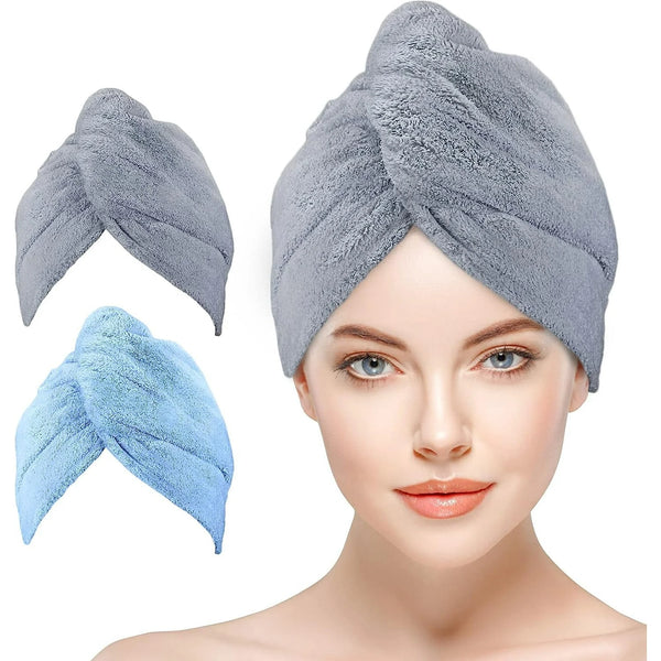 Bathwe Hair Towel Wrap for Women 2 Pack, Ultra Absorbent Twist Hair Turban Drying Cap Hair Wrap, Blue&Gray